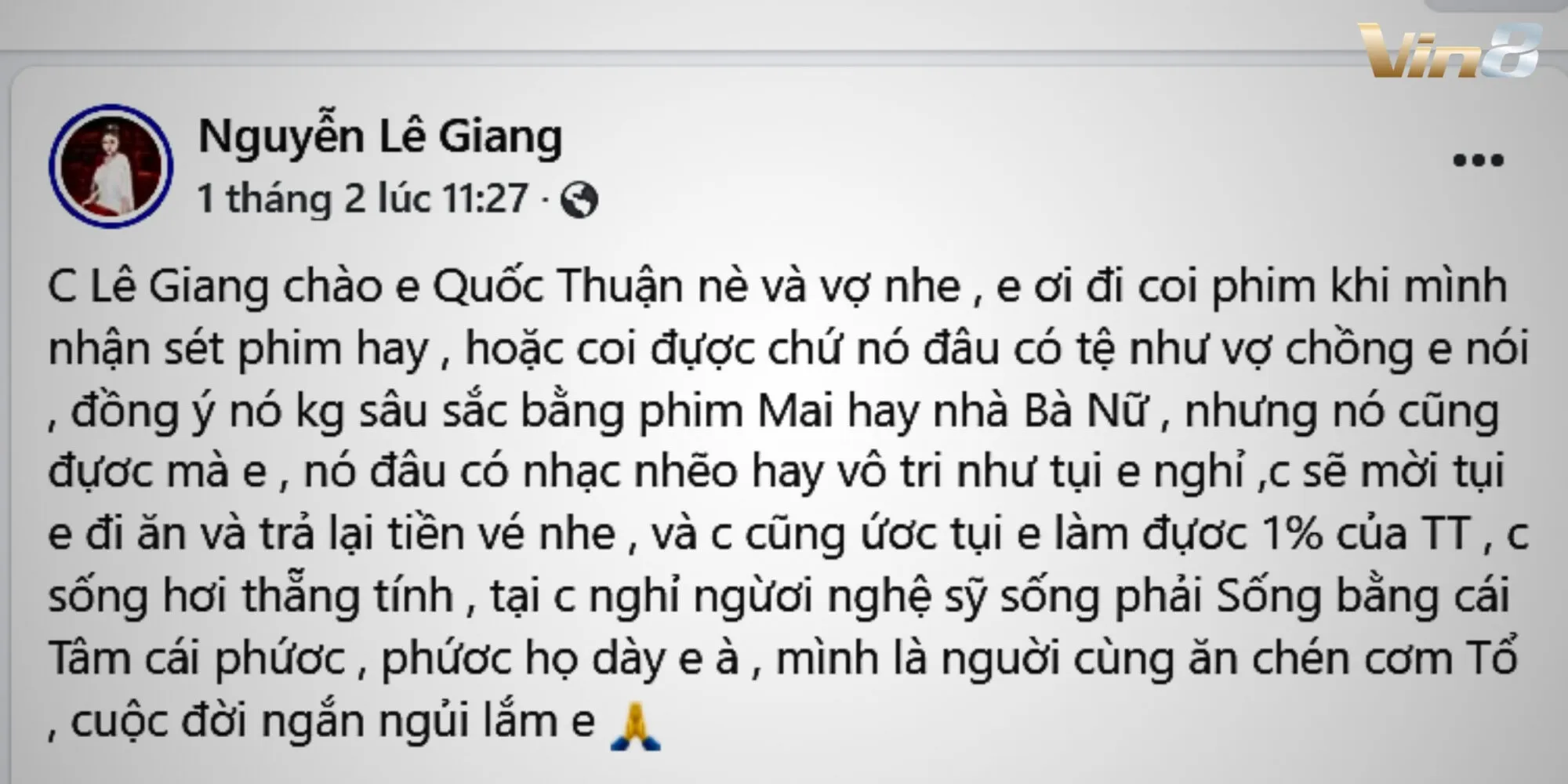 Lê Giang đăng tải dòng trạng thái đáp trả bài đăng của Quốc Thuận Lê Giang đăng tải dòng trạng thái đáp trả bài đăng của Quốc Thuận