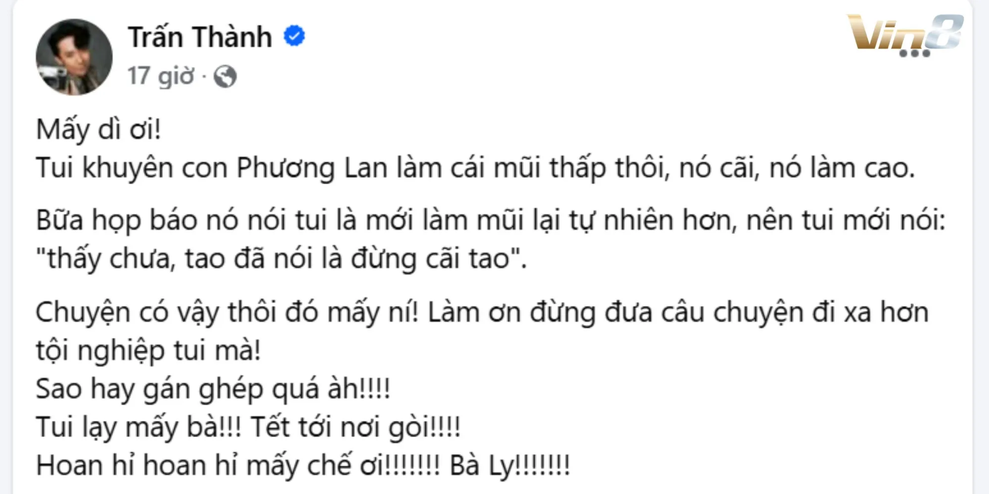 Trấn Thành lên bài đính chính trên trang cá nhân của mình Trấn Thành lên bài đính chính trên trang cá nhân của mình